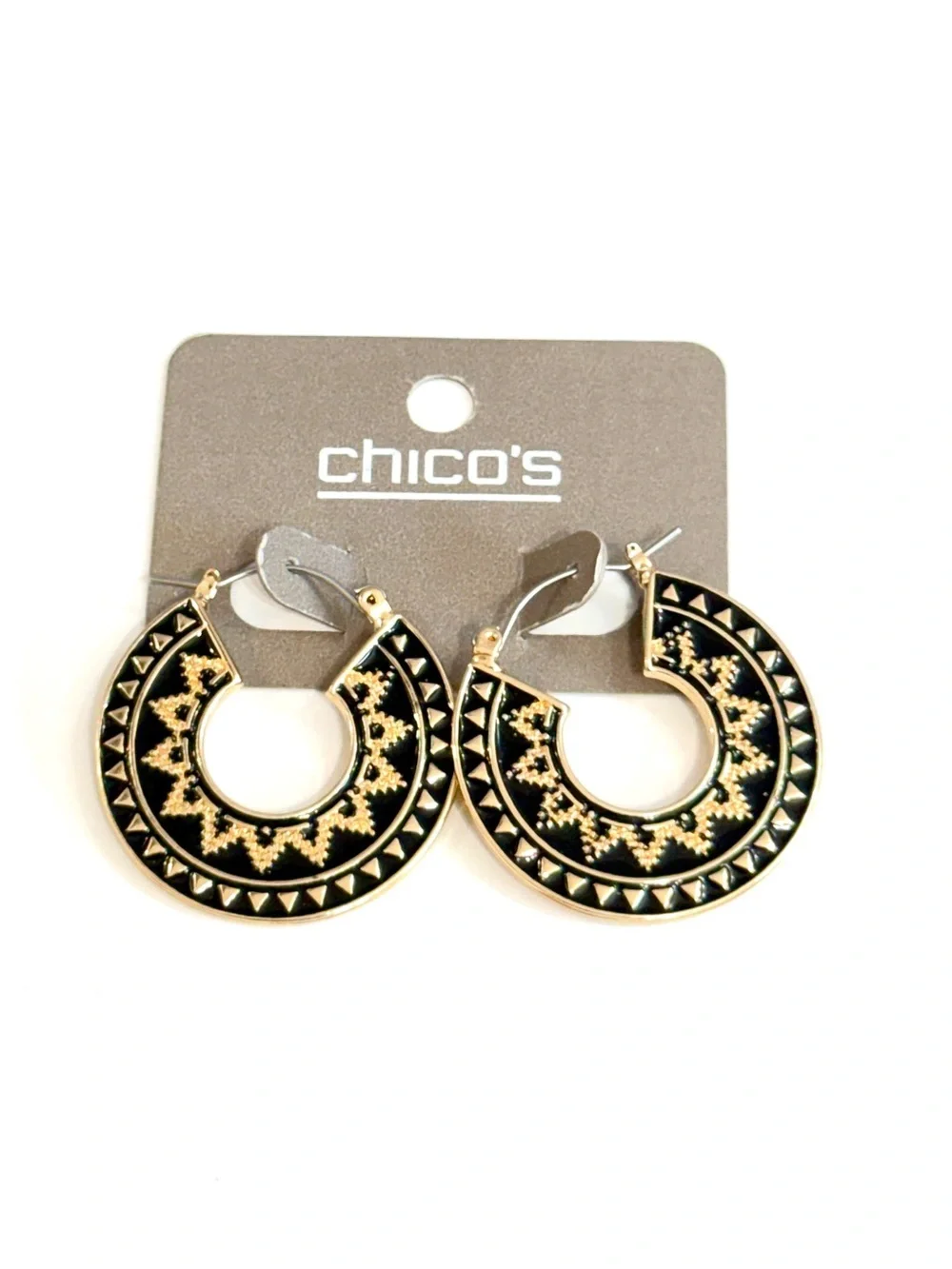 CHICO’S Black Gold Tribal Statement Hoop Earrings NWT